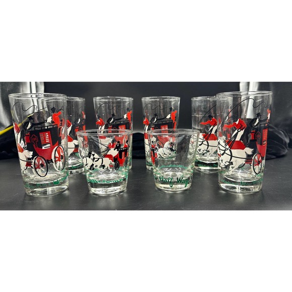 Vintage kitschy Libbey The Departure Carriage & Horses Drinking Bar Glasses S1